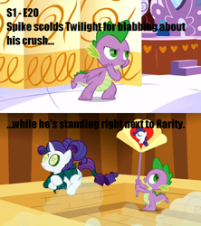 Size: 462x520 | Tagged: safe, edit, edited screencap, screencap, character:rarity, character:spike, species:dragon, species:pony, species:unicorn, episode:green isn't your color, g4, my little pony: friendship is magic, caption, comic, cucumber, fan, fanning, female, food, male, mare, meta, sauna, seaweed wrap