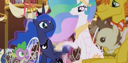 Size: 1478x733 | Tagged: safe, edit, edited screencap, screencap, character:bon bon, character:button mash, character:carrot cake, character:jeff letrotski, character:lotus blossom, character:meadow song, character:pound cake, character:princess celestia, character:princess luna, character:roseluck, character:ruby pinch, character:spike, character:sweetie drops, character:thunderlane, species:alicorn, species:dragon, species:earth pony, species:pegasus, species:pony, episode:slice of life, g4, my little pony: friendship is magic, 1000 years in photoshop, censored, colt, discovery family logo, holding hooves, male, pixelated, stallion, unnecessary censorship