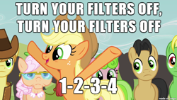 Size: 610x343 | Tagged: safe, edit, edited screencap, screencap, character:apple rose, character:applejack, character:braeburn, character:golden delicious, character:red gala, character:wensley, species:earth pony, species:pony, episode:apple family reunion, g4, my little pony: friendship is magic, apple family member, bad advice, female, filters, image macro, male, mare, meme, meta, raise this barn, stallion