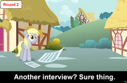 Size: 1024x672 | Tagged: safe, edit, edited screencap, screencap, character:derpy hooves, species:pegasus, species:pony, comic:celestia's servant interview, episode:hurricane fluttershy, g4, my little pony: friendship is magic, caption, female, interview, mare, meta, ponyville, solo