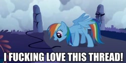 Size: 600x302 | Tagged: safe, edit, edited screencap, screencap, character:rainbow dash, episode:friendship is magic, g4, my little pony: friendship is magic, female, image macro, meme, open mouth, reaction image, smiling, solo, spiderman thread, spread wings, thread, vulgar, wings