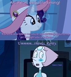 Size: 1425x1536 | Tagged: safe, edit, edited screencap, screencap, character:rarity, episode:sweet and elite, g4, my little pony: friendship is magic, blushing, coffee, crack shipping, diamond and pearl, image macro, implied lesbian, implied shipping, meme, oblivious, pearl (steven universe), photoshop, pun, screencap comic, shipping, steven universe, thirsty