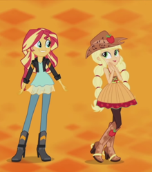 Size: 640x726 | Tagged: safe, edit, screencap, character:applejack, character:sunset shimmer, episode:friendship through the ages, equestria girls:rainbow rocks, g4, my little pony: equestria girls, my little pony:equestria girls, alternate hairstyle, boots, country applejack, cropped, cute, dancing, grin, height, high heels, jackabetes, linedancing, pigtails, shimmerbetes, sleeveless, smiling, spurs