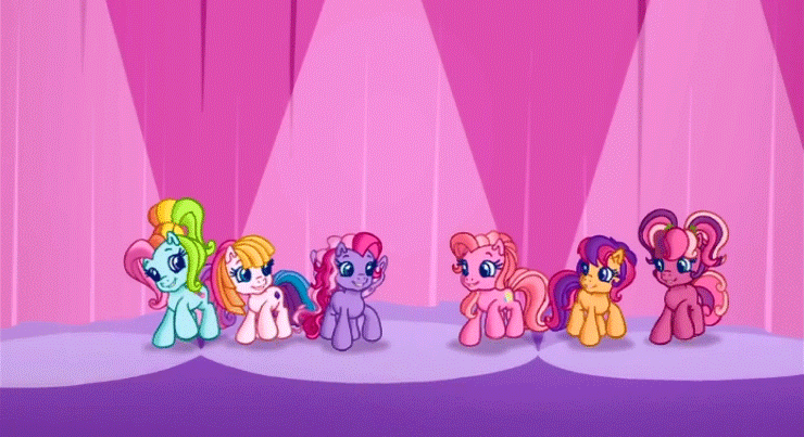 Size: 740x403 | Tagged: safe, edit, screencap, character:cheerilee (g3), character:pinkie pie (g3), character:rainbow dash (g3), character:scootaloo (g3), character:starsong, character:toola roola (g3), episode:waiting for the winter wishes festival, g3.5, animated, shakey floor, spotlight, stomping