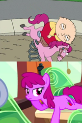 Size: 512x768 | Tagged: safe, edit, screencap, character:berry punch, character:berryshine, episode:just for sidekicks, g4, my little pony: friendship is magic, chubby, comparison, cropped, family guy, fat, playground, rocking horse, stewie griffin