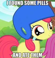 Size: 857x909 | Tagged: safe, edit, edited screencap, screencap, character:apple bloom, character:scootaloo, species:pegasus, species:pony, episode:the cutie mark chronicles, g4, my little pony: friendship is magic, and ate them, cropped, helmet, i found pills, i found pills and ate them, image macro, pills, solo focus