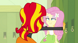 Size: 1280x715 | Tagged: safe, edit, edited screencap, screencap, character:fluttershy, character:sunset shimmer, ship:sunshyne, equestria girls:equestria girls, g4, my little pony: equestria girls, my little pony:equestria girls, 1000 hours in ms paint, bedroom eyes, female, implied sunshyne, lesbian, ms paint, shipping