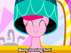 Size: 245x184 | Tagged: safe, edit, edited screencap, screencap, character:pinkie pie, episode:the best night ever, g4, my little pony: friendship is magic, animated, caption, cute, cuteamena, female, hair dryer, happy, image macro, smiling, solo, straight hair
