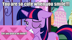 Size: 1280x717 | Tagged: safe, edit, edited screencap, screencap, character:twilight sparkle, episode:lesson zero, g4, my little pony: friendship is magic, bedroom eyes, bronybait, cute, date, female, floppy ears, grin, image macro, meme, one eye closed, smiling, solo, wink