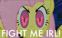 Size: 500x308 | Tagged: safe, edit, edited screencap, screencap, character:fluttershy, episode:stare master, g4, my little pony: friendship is magic, code geass, cropped, female, geass, internet tough guy, reaction image, solo, the stare