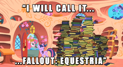 Size: 852x469 | Tagged: safe, edit, edited screencap, screencap, character:pinkie pie, character:twilight sparkle, species:earth pony, species:pony, species:unicorn, fallout equestria, episode:party of one, g4, my little pony: friendship is magic, basket, female, golden oaks library, image macro, mare