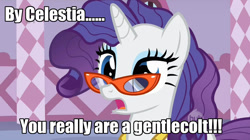 Size: 1280x718 | Tagged: safe, edit, edited screencap, screencap, character:rarity, species:pony, species:unicorn, episode:suited for success, g4, my little pony: friendship is magic, caption, ei, female, gentlecolt, glasses, hub logo, hubble, image macro, mare, out of context, solo, the hub