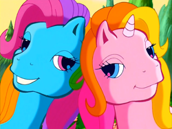Size: 1024x768 | Tagged: safe, edit, edited screencap, screencap, character:rainbow dash (g3), character:rarity (g3), episode:greetings from unicornia, g3, bedroom eyes, looking at each other, princess rarity, wish you were here (song)