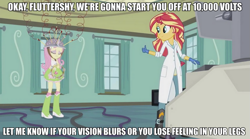 Size: 991x550 | Tagged: safe, edit, edited screencap, screencap, character:fluttershy, character:sunset shimmer, episode:the science of magic, equestria girls:friendship games, g4, my little pony: equestria girls, my little pony:equestria girls, boots, caption, clothing, gloves, image macro, lab coat, meme, musical instrument, sunset the science gal, tambourine, text, thumbs up