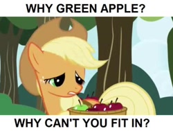 Size: 500x378 | Tagged: safe, edit, edited screencap, screencap, character:applejack, species:earth pony, species:pony, apple, dialogue, female, food, green apple, image macro, mare, solo