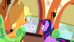 Size: 1280x720 | Tagged: safe, edit, edited screencap, screencap, character:applejack, character:twilight sparkle, episode:just for sidekicks, g4, my little pony: friendship is magic, reflection, window