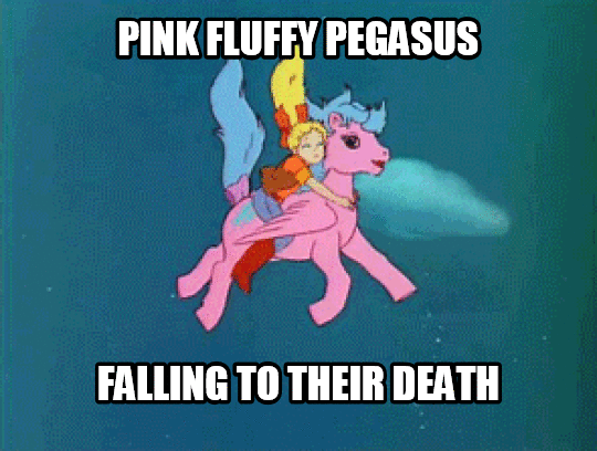Size: 540x408 | Tagged: safe, edit, edited screencap, screencap, character:firefly, character:megan williams, species:human, species:pegasus, species:pony, g1, animated, caption, image macro, meme, pink fluffy unicorns dancing on rainbows, pony sized pony