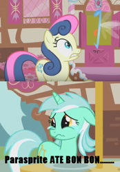 Size: 470x674 | Tagged: safe, edit, edited screencap, screencap, character:bon bon, character:lyra heartstrings, character:sweetie drops, episode:swarm of the century, g4, my little pony: friendship is magic, parasprite, teary eyes