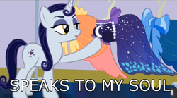 Size: 1280x711 | Tagged: safe, edit, edited screencap, screencap, character:moonlight raven, species:pony, species:unicorn, episode:canterlot boutique, g4, my little pony: friendship is magic, caption, clothing, dress, female, mare, over the moon