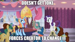 Size: 799x448 | Tagged: safe, edit, edited screencap, screencap, character:fashion plate, character:rarity, character:sassy saddles, character:say cheese, character:snapshot, episode:canterlot boutique, g4, my little pony: friendship is magic, camera, image macro, meme