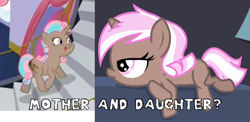 Size: 604x294 | Tagged: safe, edit, edited screencap, screencap, species:pony, species:unicorn, episode:canterlot boutique, episode:for whom the sweetie belle toils, g4, my little pony: friendship is magic, 5-year-old, background pony, brown sugar, chubby, comparison, female, filly, foal, headcanon, mare, peanut pastry, possible relation, salmon skies