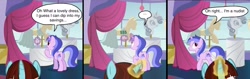 Size: 1800x572 | Tagged: safe, edit, edited screencap, screencap, character:say cheese, character:sea swirl, species:pony, species:unicorn, episode:canterlot boutique, g4, my little pony: friendship is magic, ..., background characters doing background things, background pony, clothing, comic, dress, female, glowing horn, horn, levitation, magic, magic aura, mare, money, nudist, nudity, price tag, silly, sticker shock, telekinesis, we don't normally wear clothes