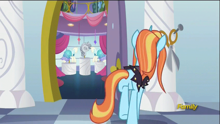Size: 848x480 | Tagged: safe, edit, edited screencap, screencap, character:fashion plate, character:sassy saddles, species:pony, species:unicorn, episode:canterlot boutique, g4, my little pony: friendship is magic, animated, camera, discovery family logo, faec, fashion reaction, fashionsaddles, female, implied shipping, mare, plot, reversed, sassy seat, smiling, squishy cheeks, sunglasses