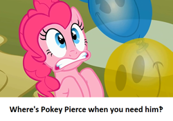 Size: 640x448 | Tagged: safe, edit, edited screencap, screencap, character:discord, character:pinkie pie, episode:the return of harmony, g4, my little pony: friendship is magic, balloon, calibri, clenched teeth, meta, text