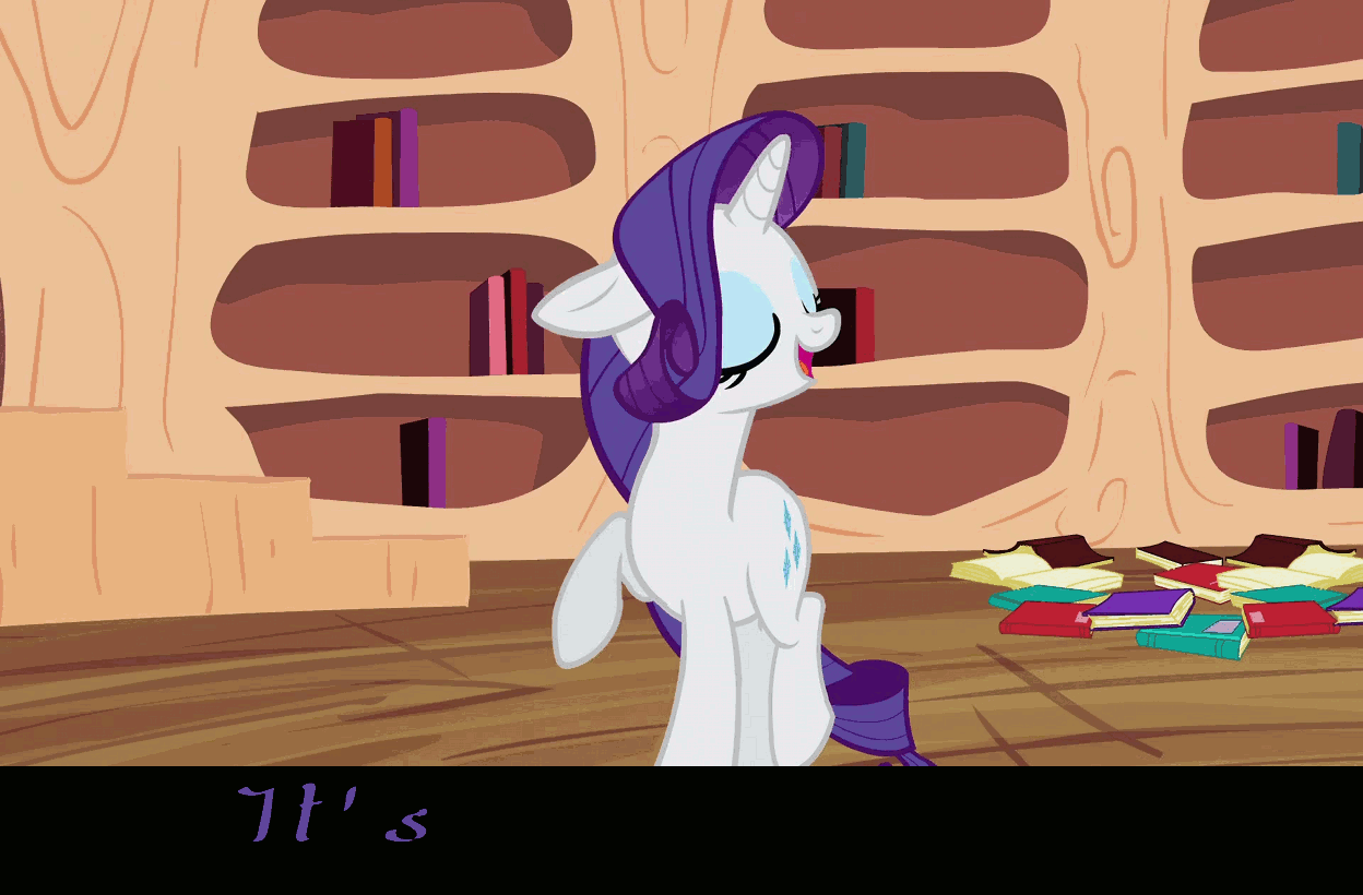 Size: 1248x820 | Tagged: safe, edit, edited screencap, screencap, character:rarity, episode:secret of my excess, g4, my little pony: friendship is magic, animated, bedroom eyes, blinking, book, bookshelf, caption, close-up, eyelashes, female, gif, glow, golden oaks library, lidded eyes, lip bite, looking at you, solo, sparkles, stairs, stars, text, zoom
