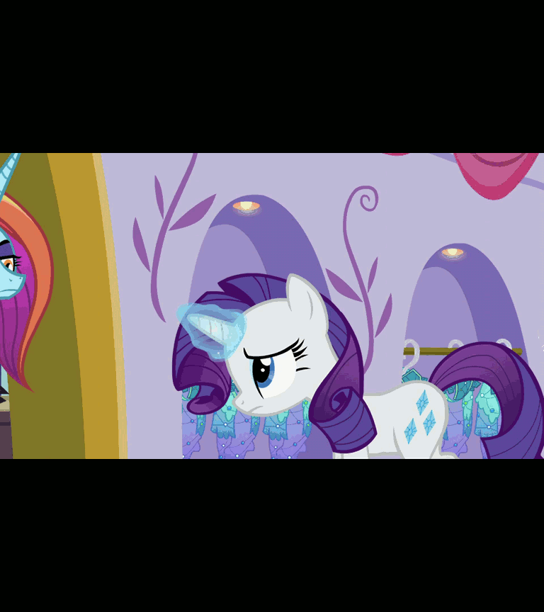 Size: 768x864 | Tagged: safe, edit, screencap, character:rarity, character:sassy saddles, episode:canterlot boutique, g4, my little pony: friendship is magic, animated, balcony, clothing, dress, frown, looking away, looking down, looking up, magic, princess dress, raised eyebrow, role reversal, telekinesis, walking