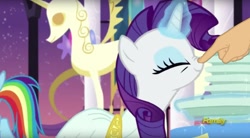 Size: 1671x923 | Tagged: safe, edit, edited screencap, screencap, character:rainbow dash, character:rarity, species:pegasus, species:pony, species:unicorn, episode:rarity investigates, g4, my little pony: friendship is magic, boop, boop edit, clothing, cute, dress, eyes closed, female, finger, glowing horn, hand, levitation, magic, mare, nose wrinkle, raribetes, smiling, solo focus, telekinesis