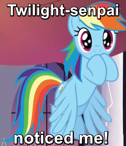 Size: 409x476 | Tagged: safe, edit, screencap, character:rainbow dash, character:twilight sparkle, episode:rarity investigates, g4, my little pony: friendship is magic, animated, cute, dashabetes, eye shimmer, female, flapping, image macro, implied lesbian, implied shipping, implied twidash, implied twilight sparkle, meme, senpai, senpai noticed me, shipping, solo, starry eyes