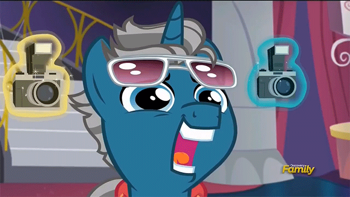 Size: 700x394 | Tagged: safe, edit, edited screencap, screencap, character:fashion plate, episode:canterlot boutique, g4, my little pony: friendship is magic, animated, camera, creepy, discovery family, discovery family logo, eye shimmer, faec, fashion reaction, favorite, glasses, magic, meme, meta, open mouth, reaction gif, reaction image, smiling, solo, telekinesis, upvote