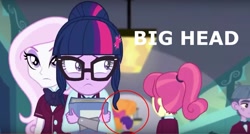 Size: 1263x677 | Tagged: safe, edit, edited screencap, screencap, character:diwata aino, character:fleur-de-lis, character:orange sherbette, character:twilight sparkle, equestria girls:friendship games, g4, my little pony: equestria girls, my little pony:equestria girls, animation error, background human, frown, looking back, peacock plume, wide eyes