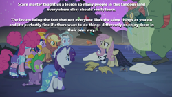 Size: 1910x1076 | Tagged: safe, edit, edited screencap, screencap, character:angel bunny, character:applejack, character:constance, character:fluttershy, character:harry, character:pinkie pie, character:rainbow dash, character:rarity, character:spike, character:twilight sparkle, character:twilight sparkle (alicorn), species:alicorn, species:bird, episode:scare master, g4, my little pony: friendship is magic, applelion, astrodash, athena sparkle, clothing, costume, flutterbat costume, fuzzy legs, harry the swamp monster, lesson, mane six, mermaid, mermarity, meta, nightmare night, nightmare night costume, pinkie puffs, roller skates, songbird, spider, text