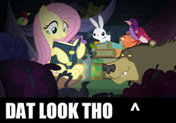 Size: 854x599 | Tagged: safe, edit, edited screencap, screencap, character:angel bunny, character:constance, character:fluttershy, character:harry, species:bird, species:pony, episode:scare master, g4, my little pony: friendship is magic, animal, bear, book, cute, female, image macro, male, mare, meme, peanut butter, reading