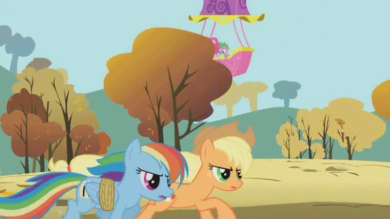 Size: 800x450 | Tagged: safe, edit, edited screencap, screencap, character:applejack, character:pinkie pie, character:rainbow dash, character:spike, species:earth pony, species:pegasus, species:pony, episode:fall weather friends, g4, my little pony: friendship is magic, animated, duo, eye contact, female, frame skipping, gif, glare, grin, hot air balloon, levitation, looking at each other, mare, rope, running of the leaves, sliding, smiling, smirk, speed lines, talking, wat