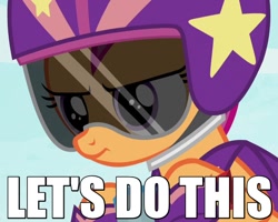 Size: 600x480 | Tagged: safe, edit, edited screencap, screencap, character:scootaloo, species:pegasus, species:pony, episode:bloom and gloom, g4, my little pony: friendship is magic, cape, caption, clothing, determined, dialogue, female, helmet, image macro, let's do this, meme, reaction image, shoes, solo, stars, visor
