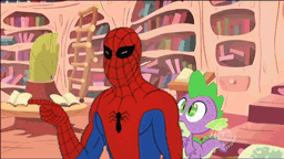 Size: 256x144 | Tagged: safe, edit, edited screencap, screencap, character:fluttershy, character:spike, species:dragon, species:pegasus, species:pony, episode:the return of harmony, g4, my little pony: friendship is magic, 60s spider-man, animated, bucket, discorded, female, flutterbitch, gif, golden oaks library, hub logo, mare, meme, spider-man, water