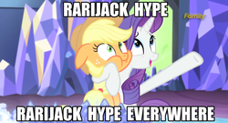Size: 1280x690 | Tagged: safe, edit, screencap, character:applejack, character:rarity, ship:rarijack, episode:made in manehattan, g4, my little pony: friendship is magic, chubby cheeks, discovery family logo, friendshipping, image macro, meme, reaction image, shipping, x x everywhere