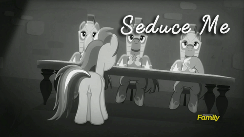 Size: 500x281 | Tagged: safe, edit, edited screencap, screencap, character:rainbow dash, character:rarity, character:spearhead, episode:rarity investigates, g4, my little pony: friendship is magic, animated, discovery family logo, draw me like one of your french girls, monochrome, plot, royal guard, seduce me