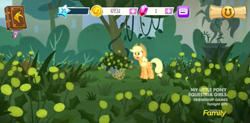 Size: 675x331 | Tagged: safe, edit, gameloft, screencap, character:applejack, episode:made in manehattan, g4, my little pony: friendship is magic, bronclyn, cart, female, frown, gameloft interpretation, gardening, manehattan, open mouth, overgrown, park, solo, statue, weeds, wide eyes