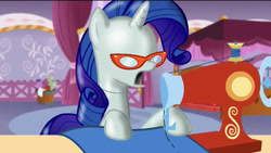 Size: 1024x576 | Tagged: safe, edit, edited screencap, screencap, character:rarity, episode:canterlot boutique, g4, my little pony: friendship is magic, female, inanimate tf, mannequin, mannequin tf, objectification, open mouth, sewing machine, solo