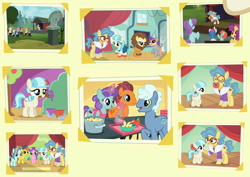Size: 3684x2612 | Tagged: safe, edit, edited screencap, screencap, character:charity kindheart, character:coco pommel, species:pony, episode:made in manehattan, g4, my little pony: friendship is magic, apple, background pony, beat cat, bronclyn, bubblegum star, bust, charity kindheart, clothing, cocobetes, costume, cowardly lion, cute, dorothy, filly, flower, flower in hair, food, ladle, magic, manehattan, mouth hold, open mouth, paintbrush, park, photo, plum pop, smiling, soup, stage, statue, telekinesis, the wizard of oz, theater, tin man, tin orbit, tray, unnamed pony, younger