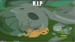 Size: 643x363 | Tagged: safe, edit, edited screencap, screencap, episode:made in manehattan, g4, my little pony: friendship is magic, applejack's damaged hat, applejack's hat, applejack's hat's death, bad end, caption, clothing, hat, rest in peace, wat