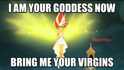 Size: 800x450 | Tagged: safe, edit, edited screencap, screencap, character:daydream shimmer, character:sunset shimmer, equestria girls:friendship games, g4, my little pony: equestria girls, my little pony:equestria girls, bring me your virgins, caption, daydream shimmer, female, i am your god now bring me your virgins, image macro, meme, reaction image, shimmercorn, solo