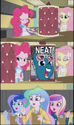 Size: 1912x3236 | Tagged: safe, edit, edited screencap, screencap, character:dean cadance, character:fashion plate, character:fluttershy, character:pinkie pie, character:princess cadance, character:princess celestia, character:princess luna, character:principal celestia, character:vice principal luna, episode:canterlot boutique, equestria girls:friendship games, g4, my little pony: equestria girls, my little pony: friendship is magic, my little pony:equestria girls, cake, exploitable meme, fork, inside the cake meme, meme, neat, vice principal luna