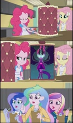 Size: 605x1024 | Tagged: safe, edit, edited screencap, screencap, character:dean cadance, character:fluttershy, character:midnight sparkle, character:pinkie pie, character:princess cadance, character:princess celestia, character:princess luna, character:principal celestia, character:twilight sparkle, character:twilight sparkle (scitwi), character:vice principal luna, species:eqg human, equestria girls:friendship games, g4, my little pony: equestria girls, my little pony:equestria girls, exploitable meme, inside the cake meme, meme, midnight sparkle, vice principal luna