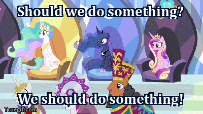 Size: 400x225 | Tagged: safe, edit, edited screencap, screencap, character:prince blueblood, character:princess cadance, character:princess celestia, character:princess luna, animated, atop the fourth wall, channel awesome, countdown, countdown to final crisis, dc comics, image macro, linkara, meme, open mouth, sitting, smiling, the monitors, thinking, wide eyes