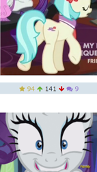 Size: 396x697 | Tagged: safe, edit, edited screencap, screencap, character:coco pommel, character:rarity, species:pony, derpibooru, ship:marshmallow coco, episode:made in manehattan, g4, my little pony: friendship is magic, coco's apartment, excited, exploitable meme, eyes on the prize, faec, female, juxtaposition, juxtaposition win, lesbian, lip bite, mare, meme, meta, plot, shipping, wide eyes